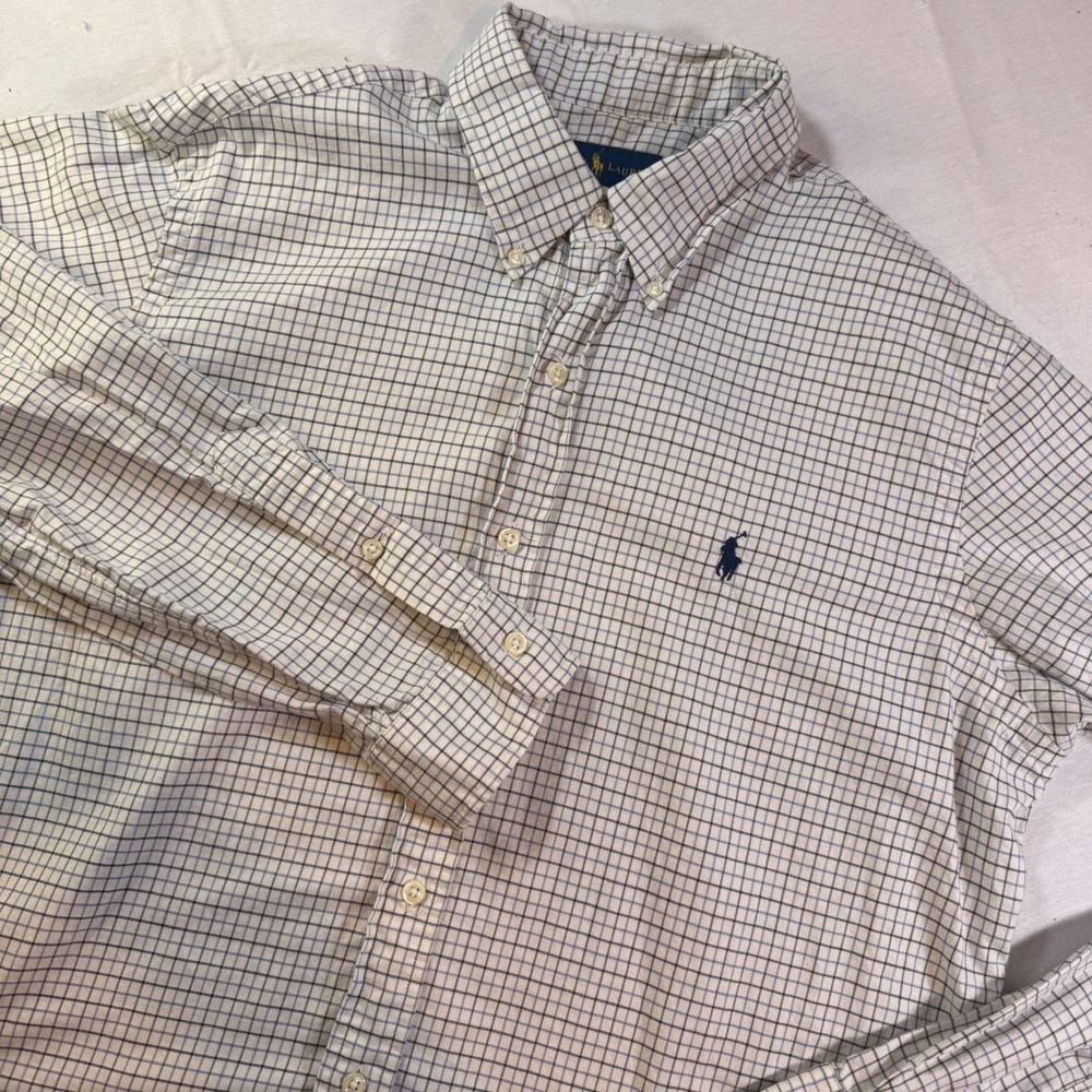 Ralph Lauren Button Down Shirt Mens L Blue/Cream Plaid Cotton Long Sleeve Preppy